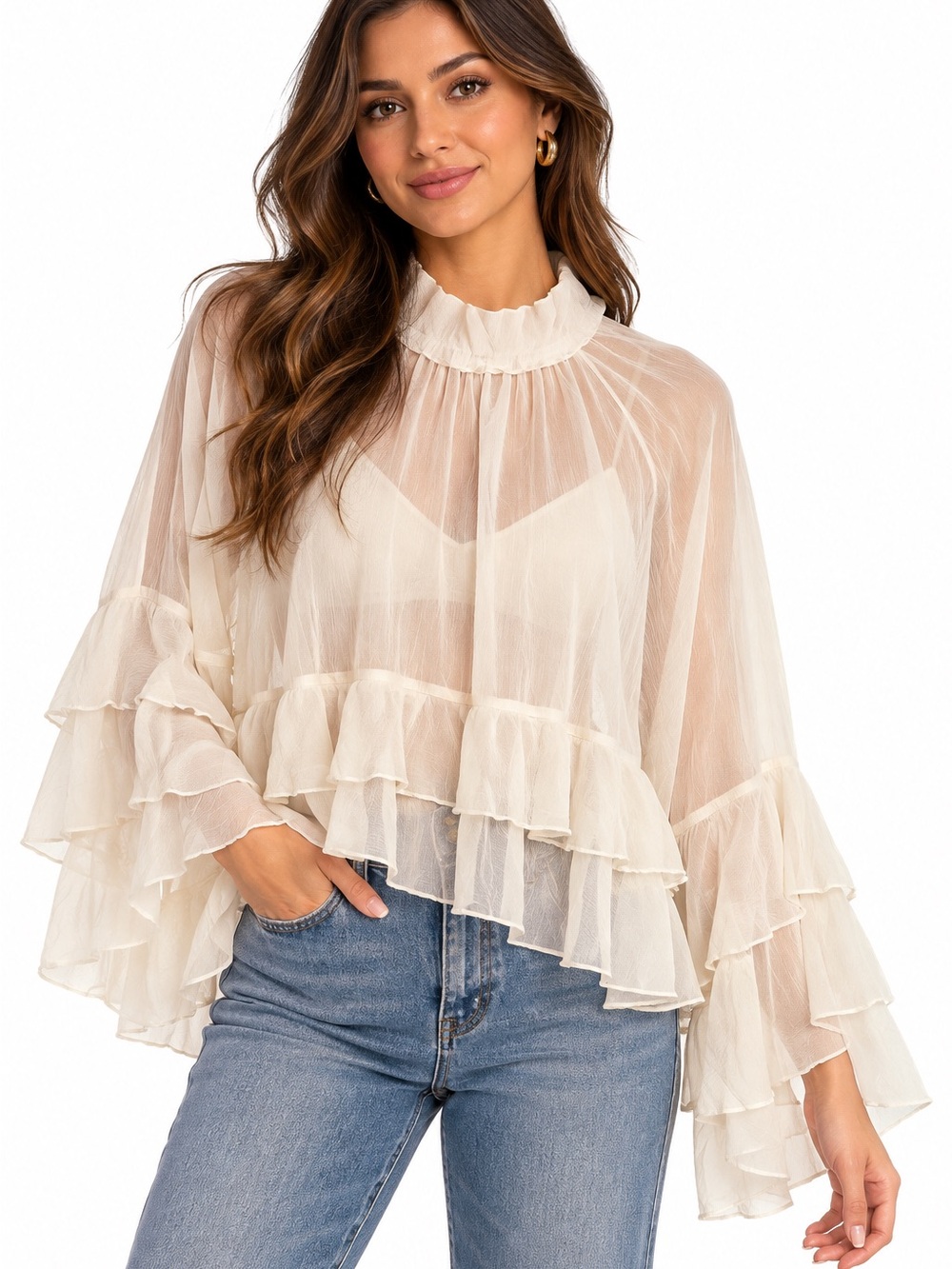 Cider BOHO Chiffon Ruffle Hem See-through Oversized Bell Sleeve Blouse